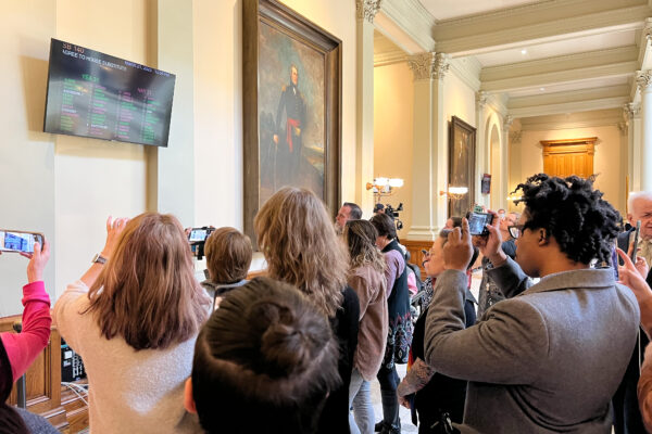 LGBTQ+ allies at the Georgia state capitol reacting to the passage of Senate Bill 140 on March 21, 2023