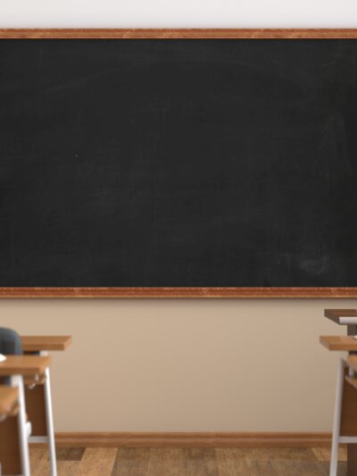 classroom with desks facing chalkboard