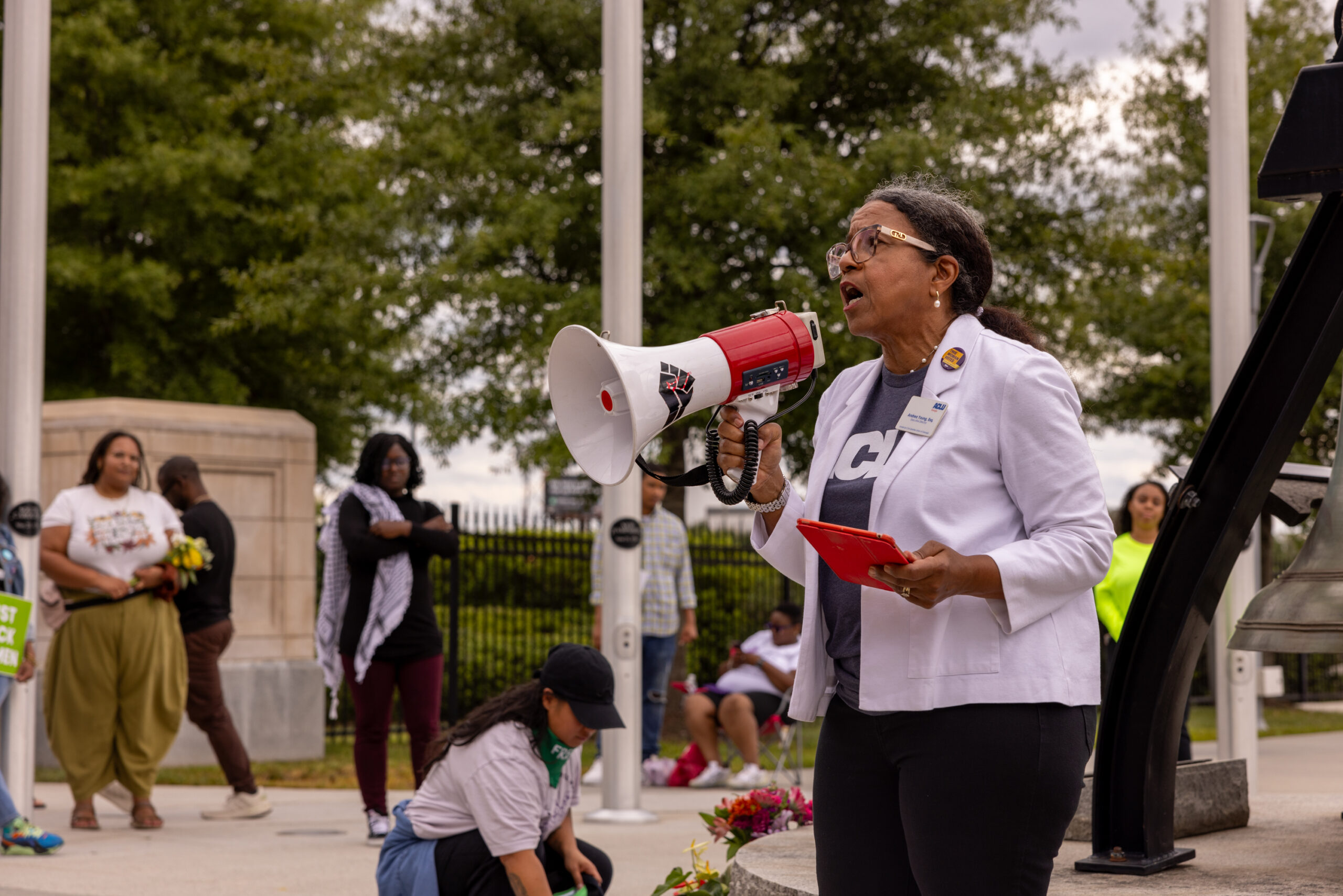 ACLU of Georgia Executive Director speaks at a Trust Black Women Rally: Justice for Amber Thurman and Candi Riley on September 28. Photo: Lynsey Weatherspoon 2024. Photo by