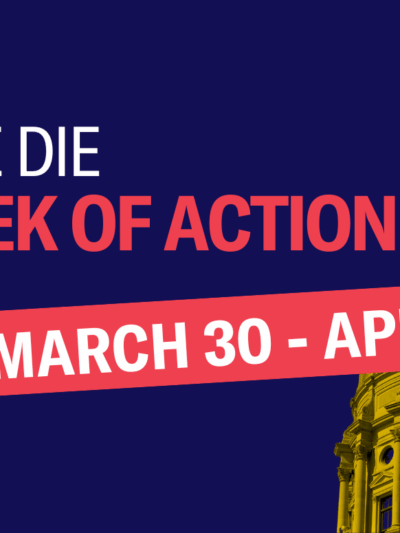 Graphic with the text "Sine Die week of Action March 30 to April 5" with image of Georgia State Capitol