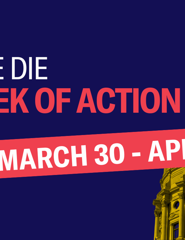 Graphic with the text "Sine Die week of Action March 30 to April 5" with image of Georgia State Capitol