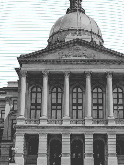 Graphic representation with capitol building, megaphone and letter images