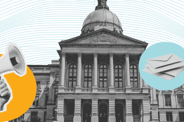 Graphic representation with capitol building, megaphone and letter images