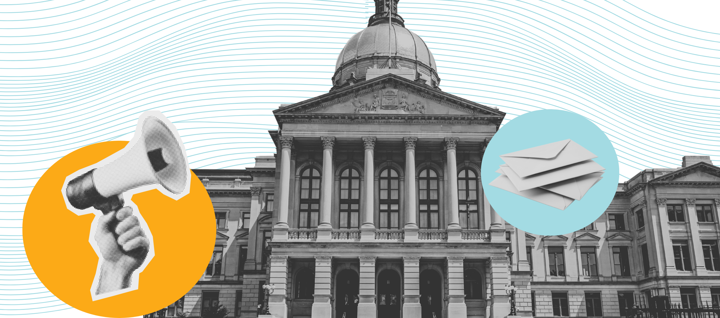 Graphic representation with capitol building, megaphone and letter images