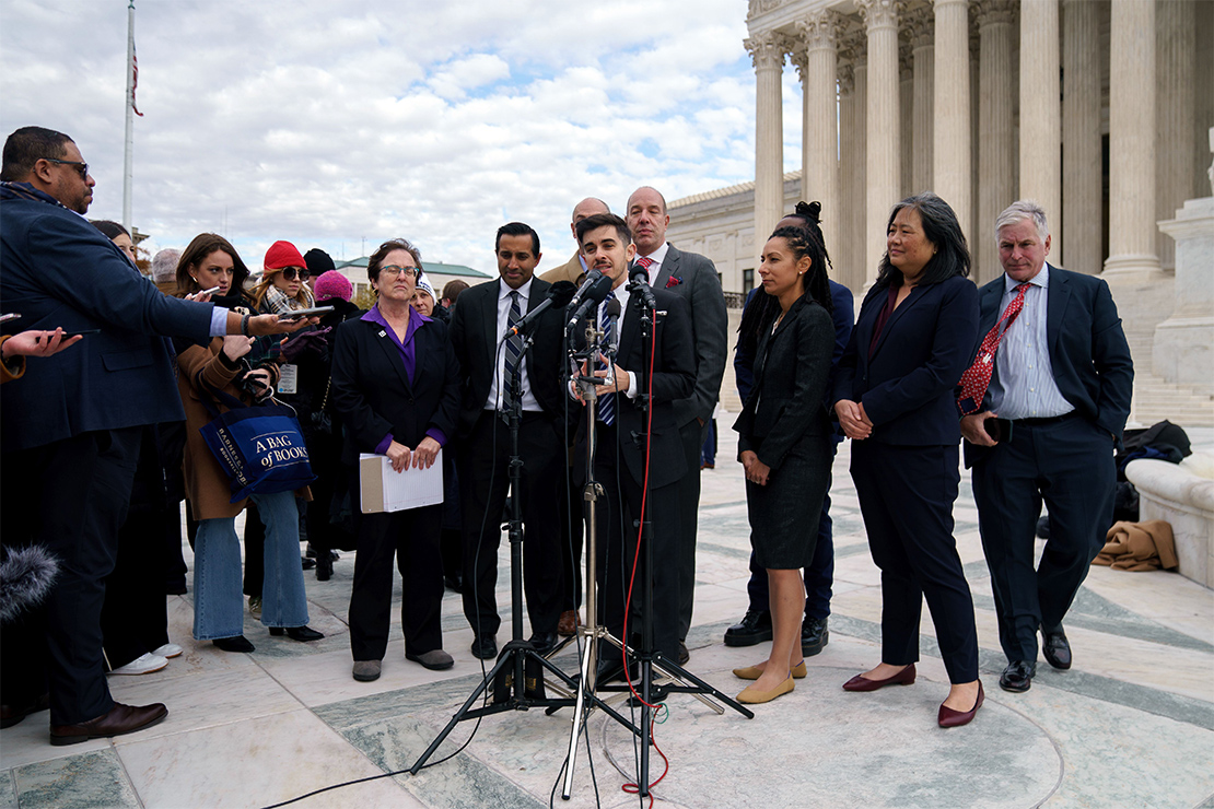 ACLU attorney Chase Strangio speaks to the media outside the U.S. Supreme Court after arguing against the ban gender-affirming health care for transgender children in Skrmetti v. the United States.