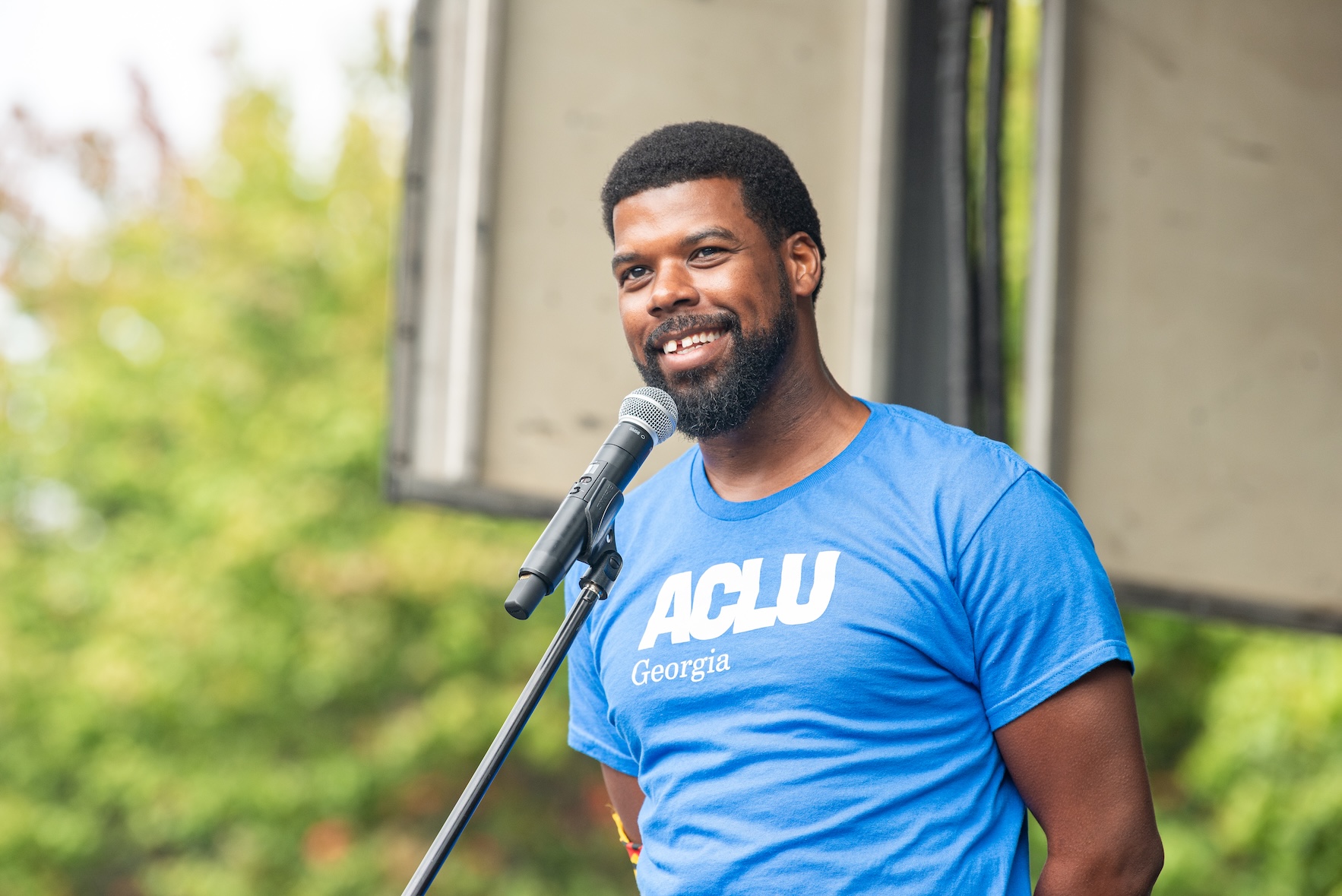 ACLU of Georgia Advocacy and Policy Director Christopher Bruce addresses the crowd at the No Kings Rally on October 18, 2025.