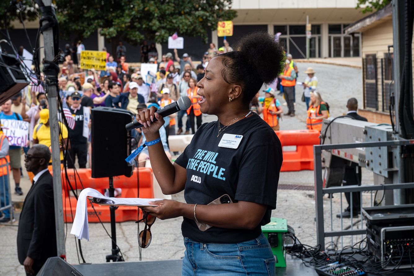 ACLU of Georgia's First Amendment Policy Counsel Sarah Hunt-Blackwell address the crowd at the October 18, 2025 No Kings Rally at the Atlanta Civic Center.