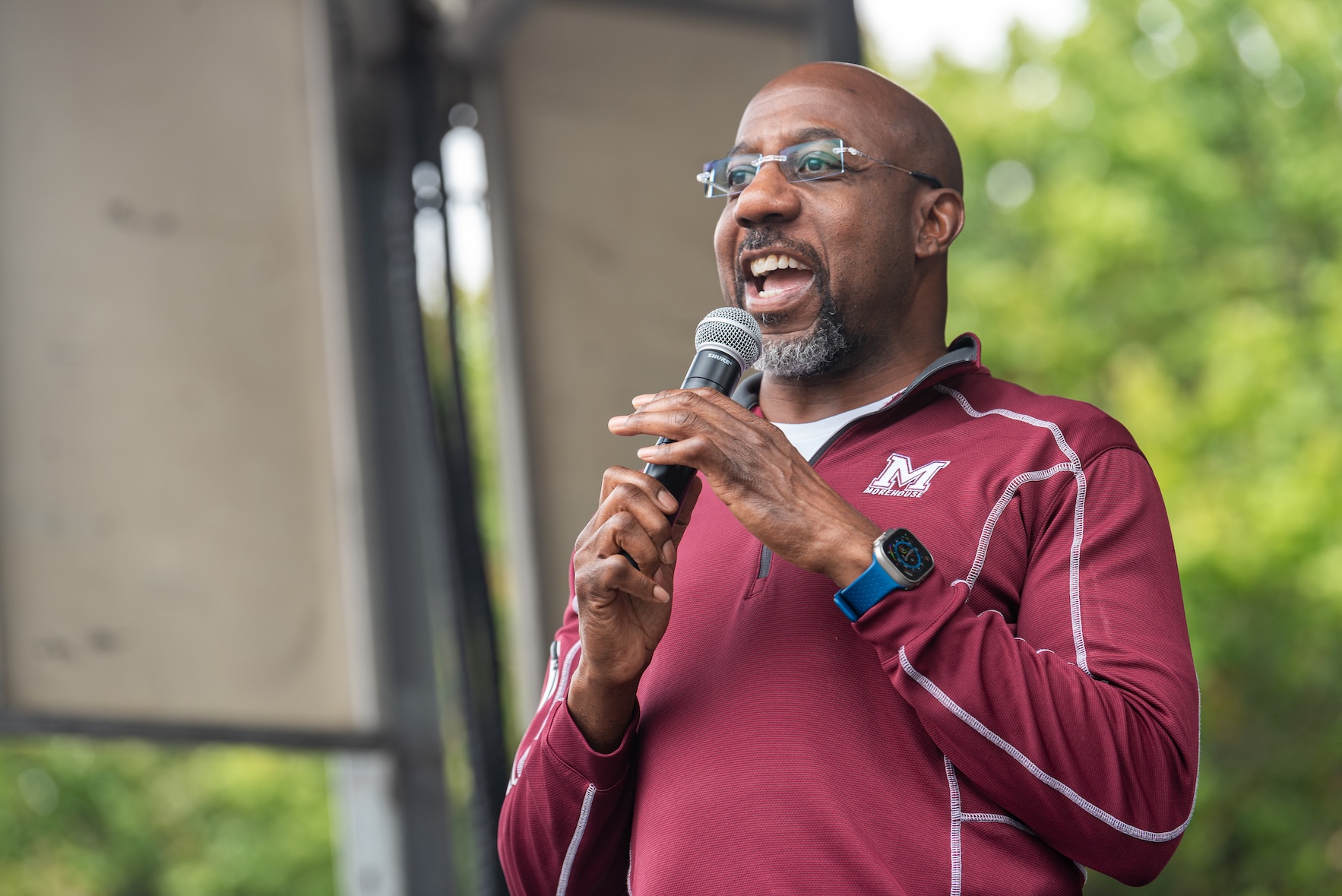 U.S. Senator Raphael Warnock addresses the crowd at the No Kings Rally on October 18, 2025.