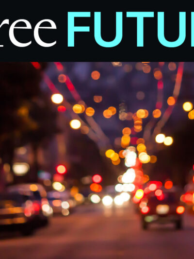 Graphic that reads "Free Future," image depicts cars on a street