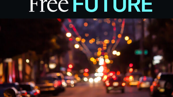 Graphic that reads "Free Future," image depicts cars on a street
