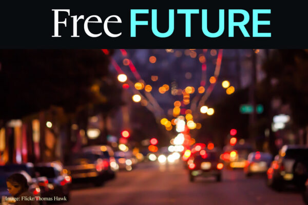 Graphic that reads "Free Future," image depicts cars on a street