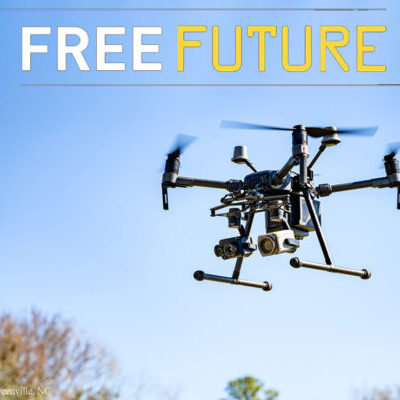Graphic that reads "Free Future" and depicts a flying drone.