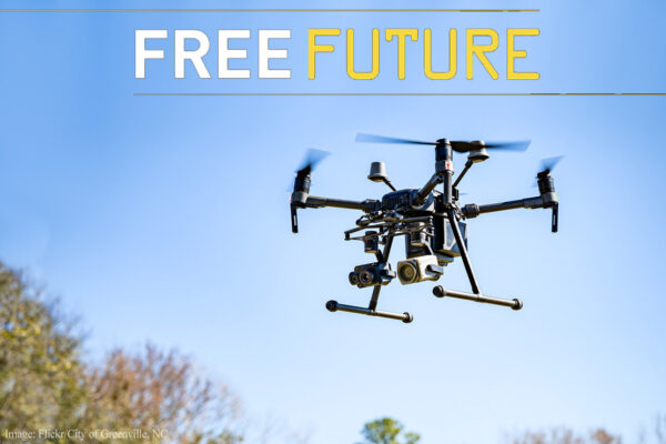 Graphic that reads "Free Future" and depicts a flying drone.