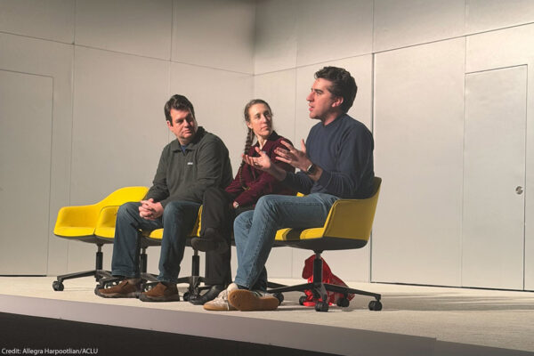 ACLU staff and playwright on stage discussing surveillance techs.