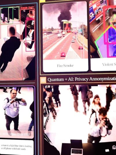 Graphic collage of AI system with facial recognition technology.