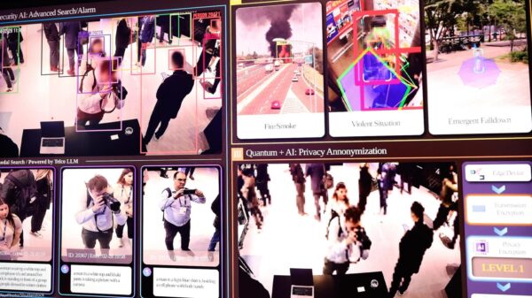 Graphic collage of AI system with facial recognition technology.