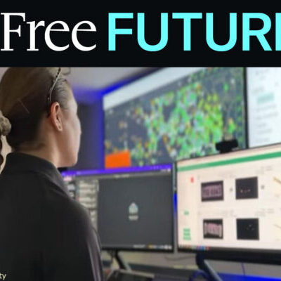 Free Future blog graphic depicting a women looking at computer screens reviewing data