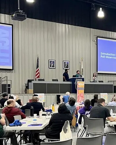ACLU of Georgia supporters gathered for a poll observer training in Atlanta in August 2026.