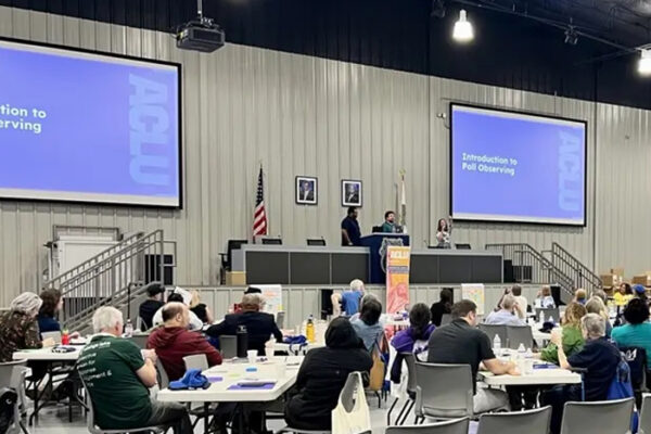 ACLU of Georgia supporters gathered for a poll observer training in Atlanta in August 2026.