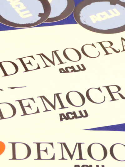 ACLU bumper sticker that reads "I heart democracy."