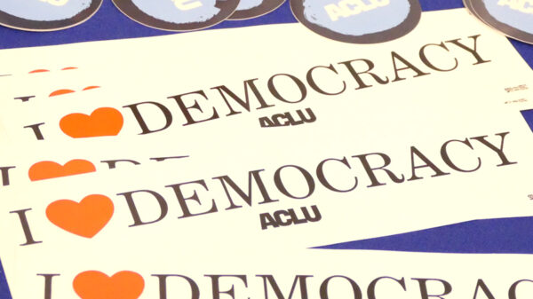 ACLU bumper sticker that reads "I heart democracy."