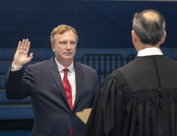 Keith Higgins takes oath of office after winning the election for District Attorney.