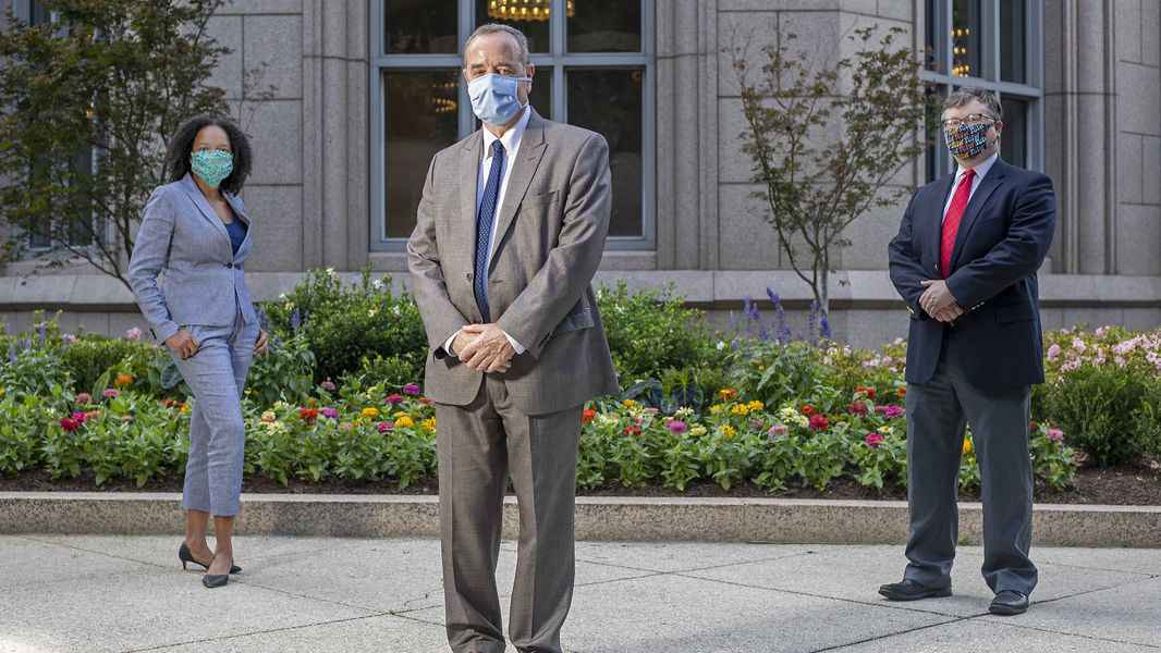 09/03/2020 -Atlanta, Georgia - Attorneys Joyce Gist Lewis (left), Halsey Knapp (center) and Adam M. Sparks of the Krevolin & Horst firm stand for portrait outside of their office building in Atlanta's Midtown community, Thursday, September 3, 2020. (Alyss