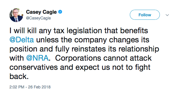 Lt Gov Tweet says he will kill legislation that benefits Delta Airlines unless the business supports the NRA.