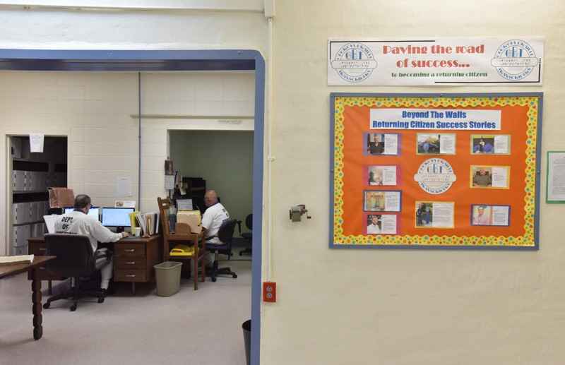 The success board is shown as inmates work in background at Braille Program at Central State Prison in Macon on Thursday, October 26, 2017. 