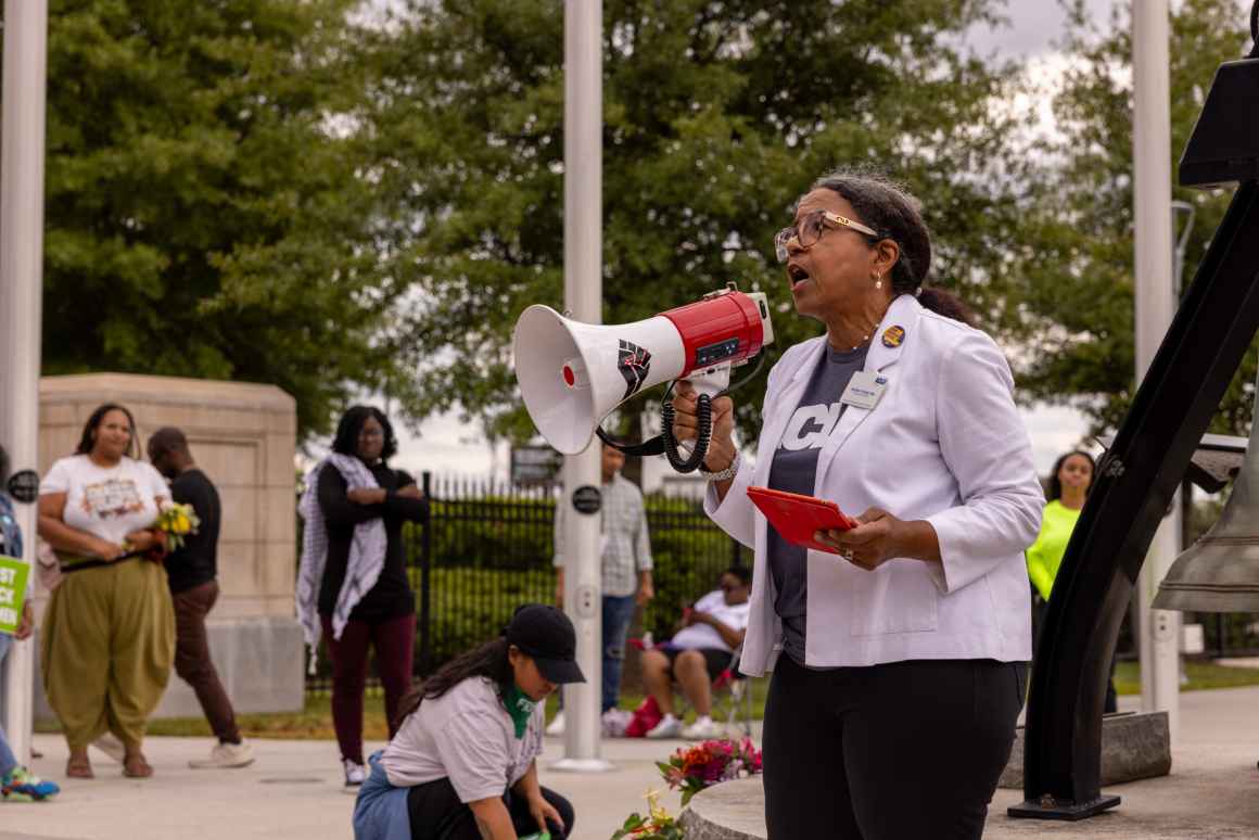 ACLU of Georgia Executive Director speaks at a Trust Black Women Rally: Justice for Amber Thurman and Candi Riley on September 28. Photo: Lynsey Weatherspoon 2024. Photo by 