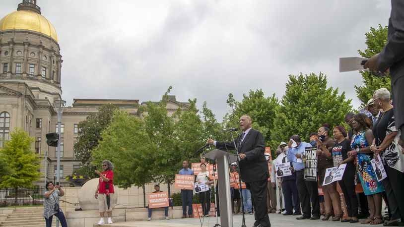 Bishop Reginald T Jackson of the Sixth District AME Church, speaks at a June rally at Liberty Plaza in downtown Atlanta opposing Georgia&#039;s voting law, Senate Bill 202. (Alyssa Pointer / Alyssa.Pointer@ajc.com)