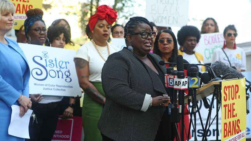 Monica Simpson executive director of SisterSong, speaks at the 2019 press conference announcing ACLU lawsuit against Georgia&#039;s abortion ban.