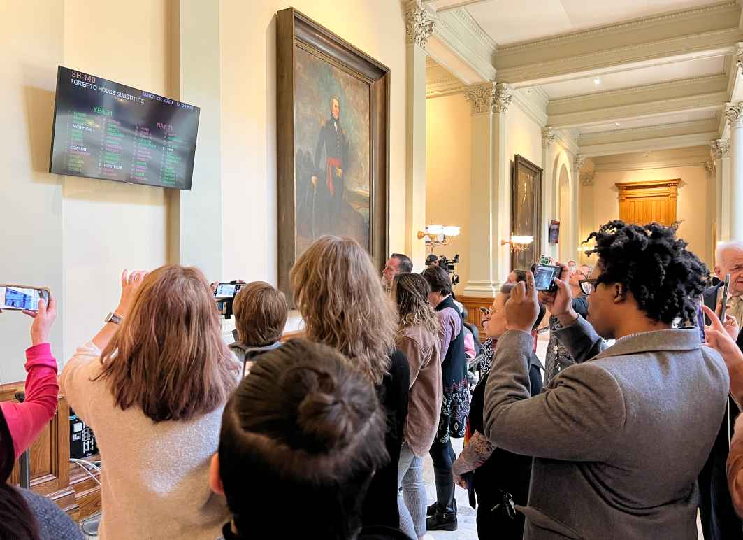 LGBTQ+ allies at the Georgia state capitol reacting to the passage of Senate Bill 140 on March 21, 2023