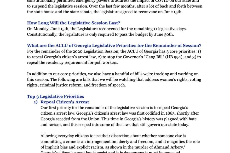 2020 Legislative Session Priorities Aclu Of Georgia