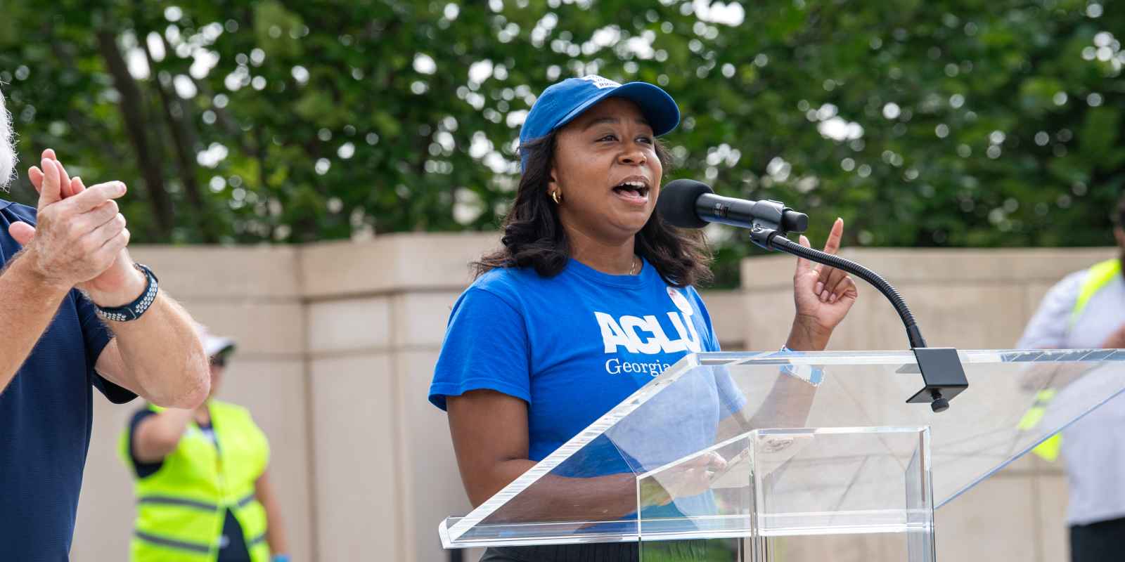 First Amendment Policy Counsel Sarah Hunt-Blackwell speaking at No Kings rally