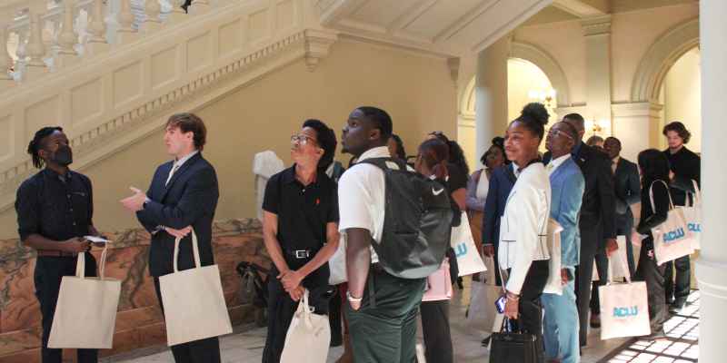 Students gathered inside the Georgia Capitol on Student Lobby Day 2023