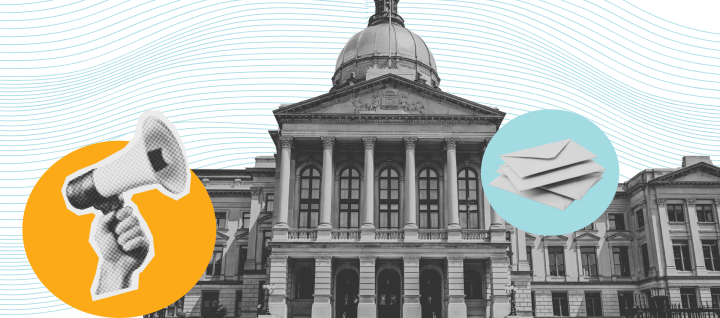 Graphic representation with capitol building, megaphone and letter images