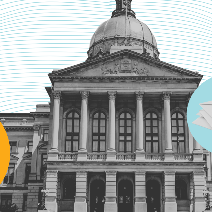 Graphic representation with capitol building, megaphone and letter images