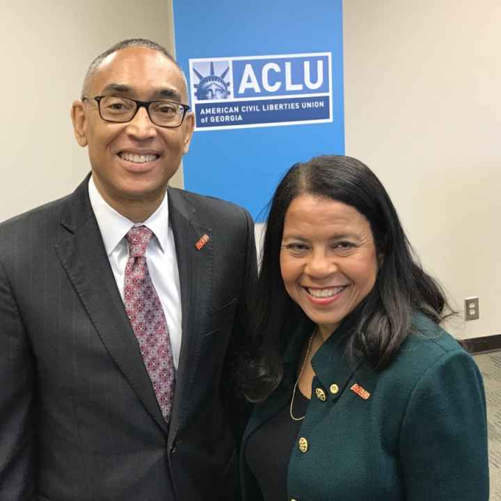 Burrell Ellis and Andrea Young at ACLU of Georgia’s offices (Photo by Maria Saporta) Andrea Young and Burrell Ellis at ACLU of Georgia's Office