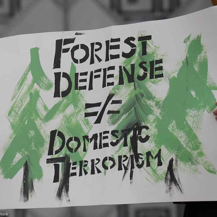 A protester holdng a sign stating "Forest Defense =/ Domestic Terrorism" demands the end of planned construction of Atlanta's proposed police training facility, "Cop City" to save the Weelaunee Forest.